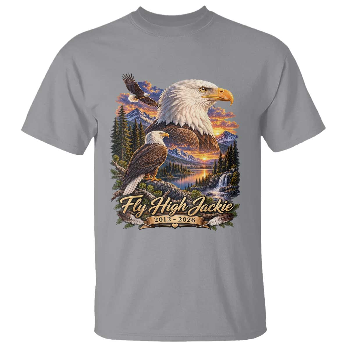 Fly High Jackie Bald Eagle Memorial T Shirt Scenic Mountain Sunset Lake Nature Graphic TS02 Sport Gray Print Your Wear