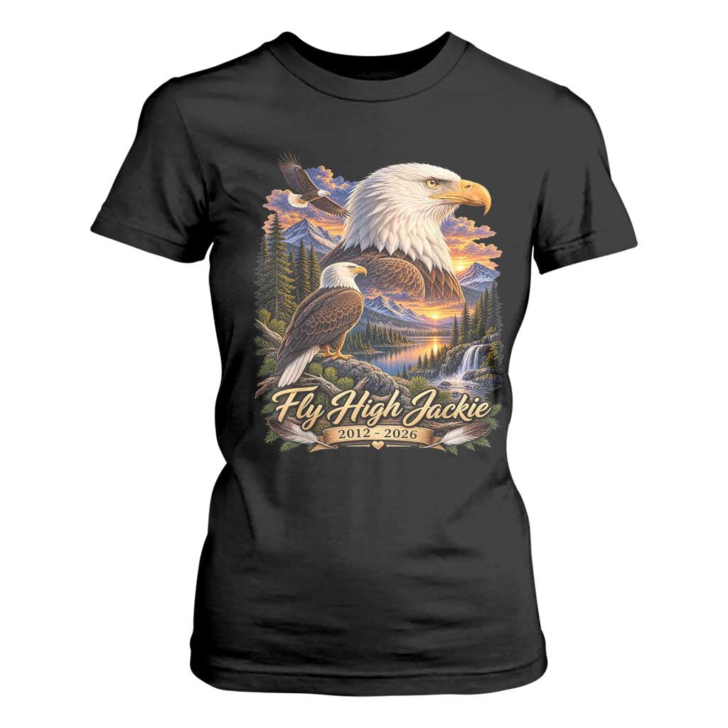 Fly High Jackie Bald Eagle Memorial T Shirt For Women Scenic Mountain Sunset Lake Nature Graphic TS02 Black Print Your Wear