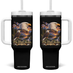 Fly High Jackie Bald Eagle Memorial Tumbler With Handle Scenic Mountain Sunset Lake Nature Graphic