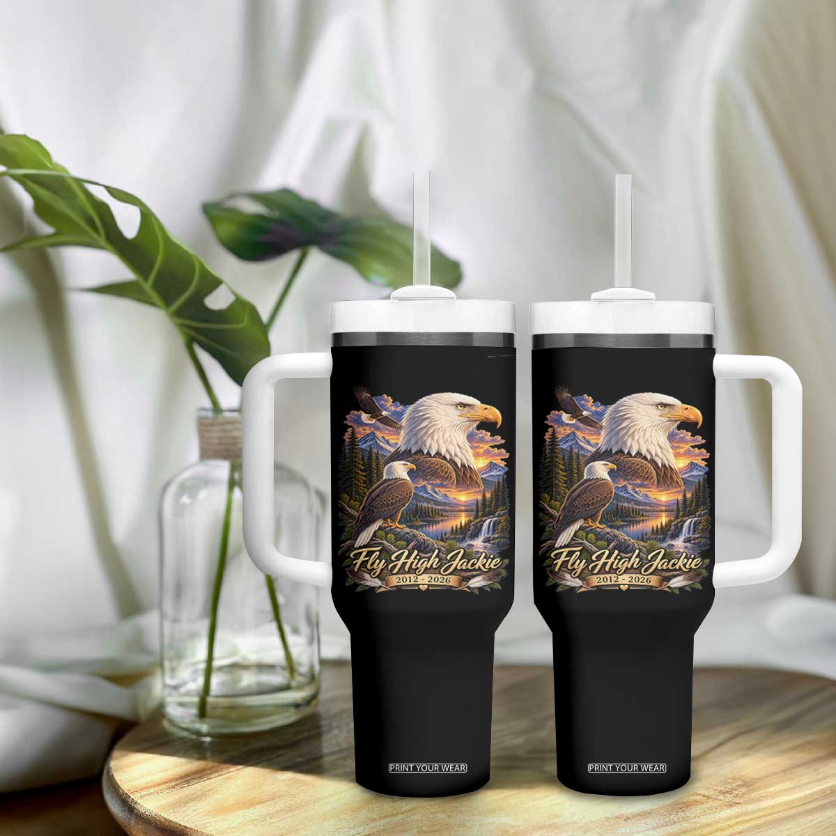 Fly High Jackie Bald Eagle Memorial Tumbler With Handle Scenic Mountain Sunset Lake Nature Graphic