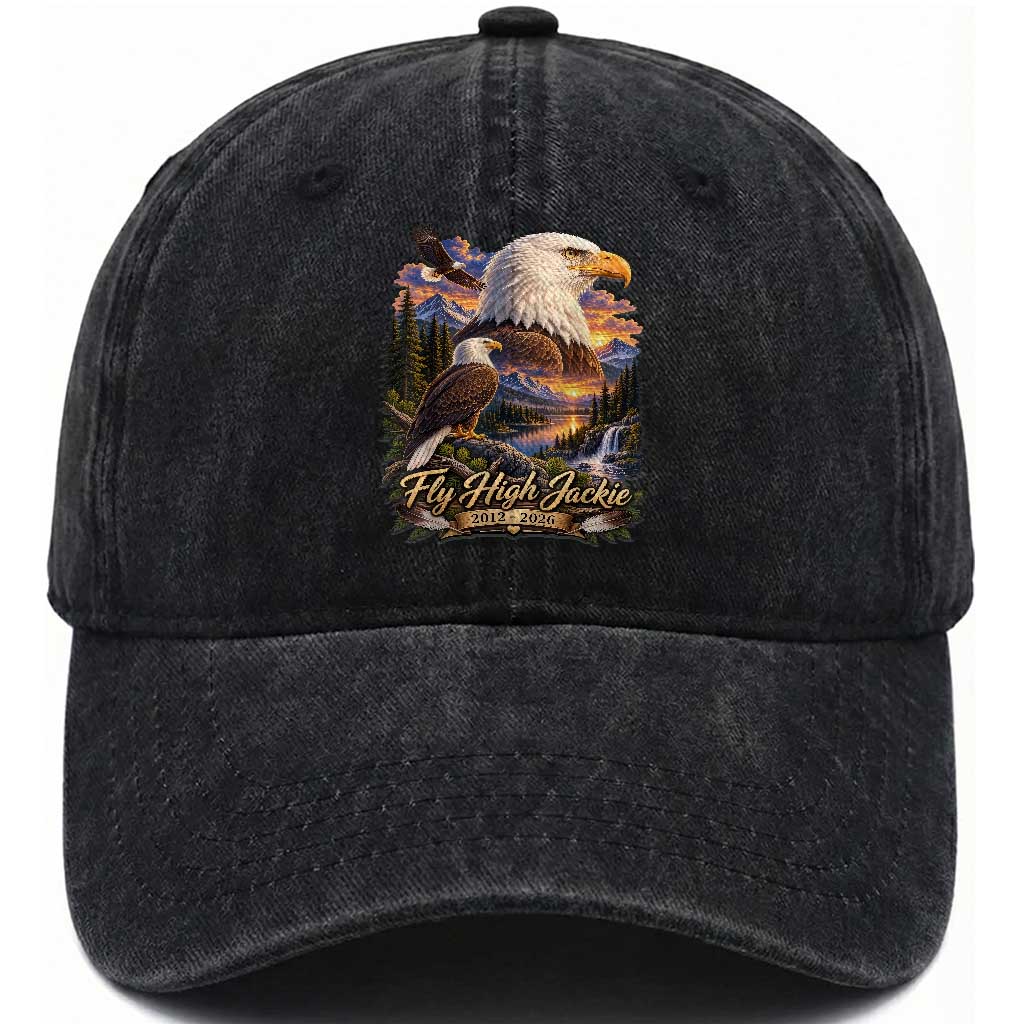 Fly High Jackie Bald Eagle Memorial Washed Cotton Baseball Cap Scenic Mountain Sunset Lake Nature Graphic TS02 Print Your Wear
