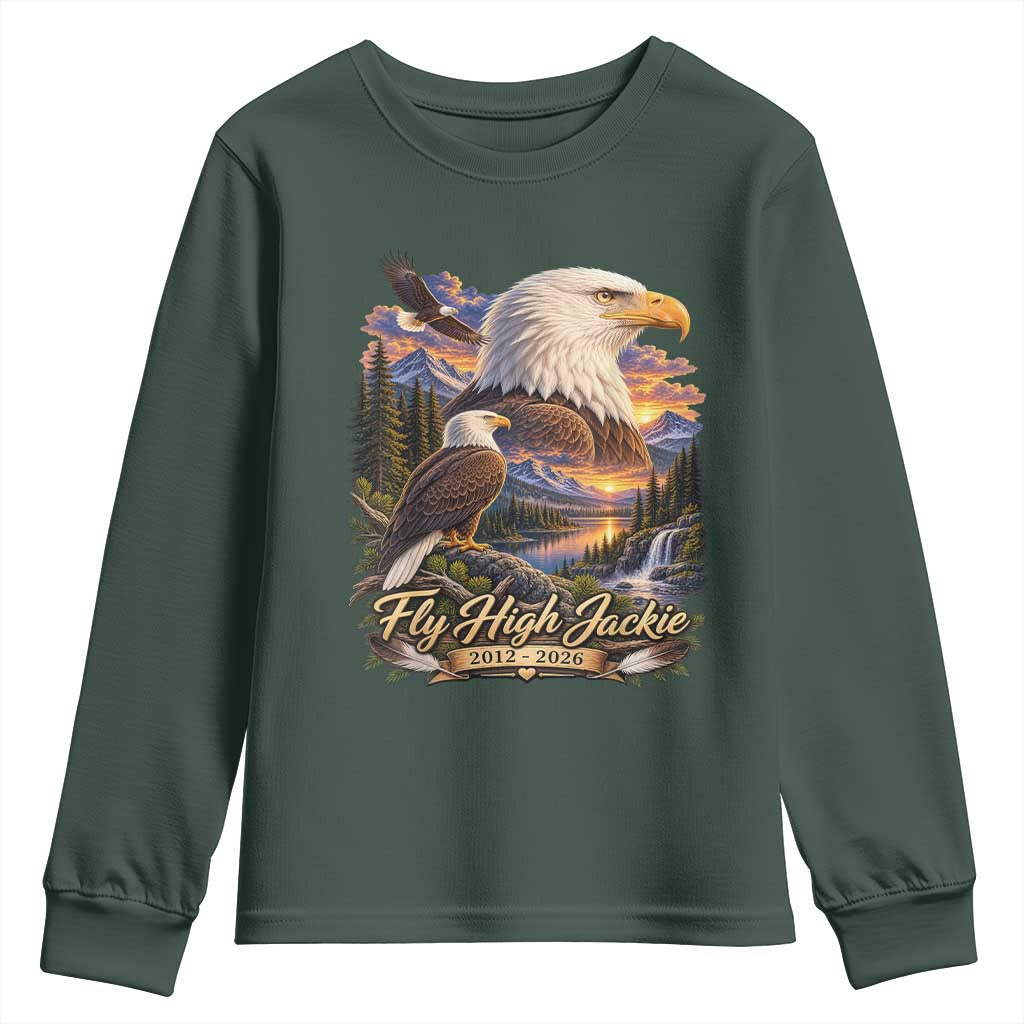 Fly High Jackie Bald Eagle Memorial Youth Sweatshirt Scenic Mountain Sunset Lake Nature Graphic TS02 Dark Forest Green Print Your Wear