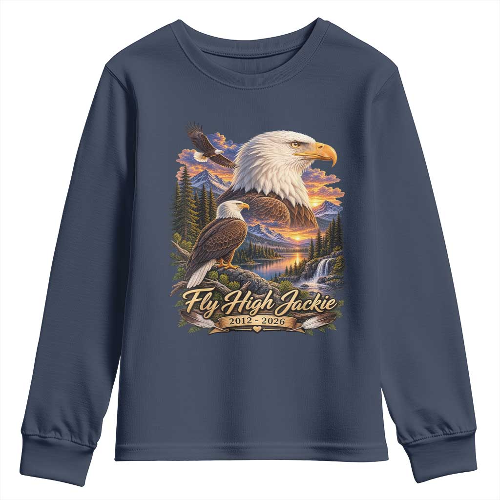 Fly High Jackie Bald Eagle Memorial Youth Sweatshirt Scenic Mountain Sunset Lake Nature Graphic TS02 Navy Print Your Wear