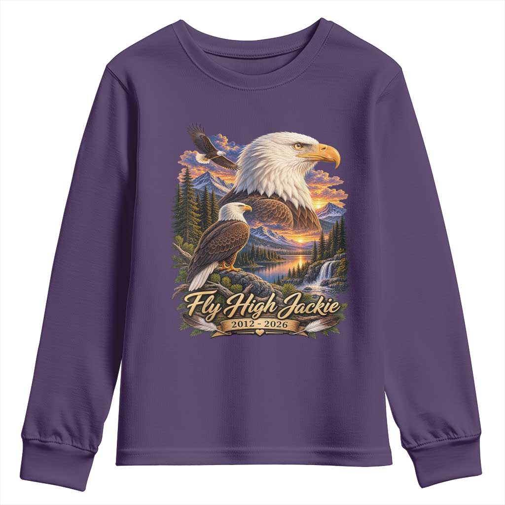Fly High Jackie Bald Eagle Memorial Youth Sweatshirt Scenic Mountain Sunset Lake Nature Graphic TS02 Purple Print Your Wear