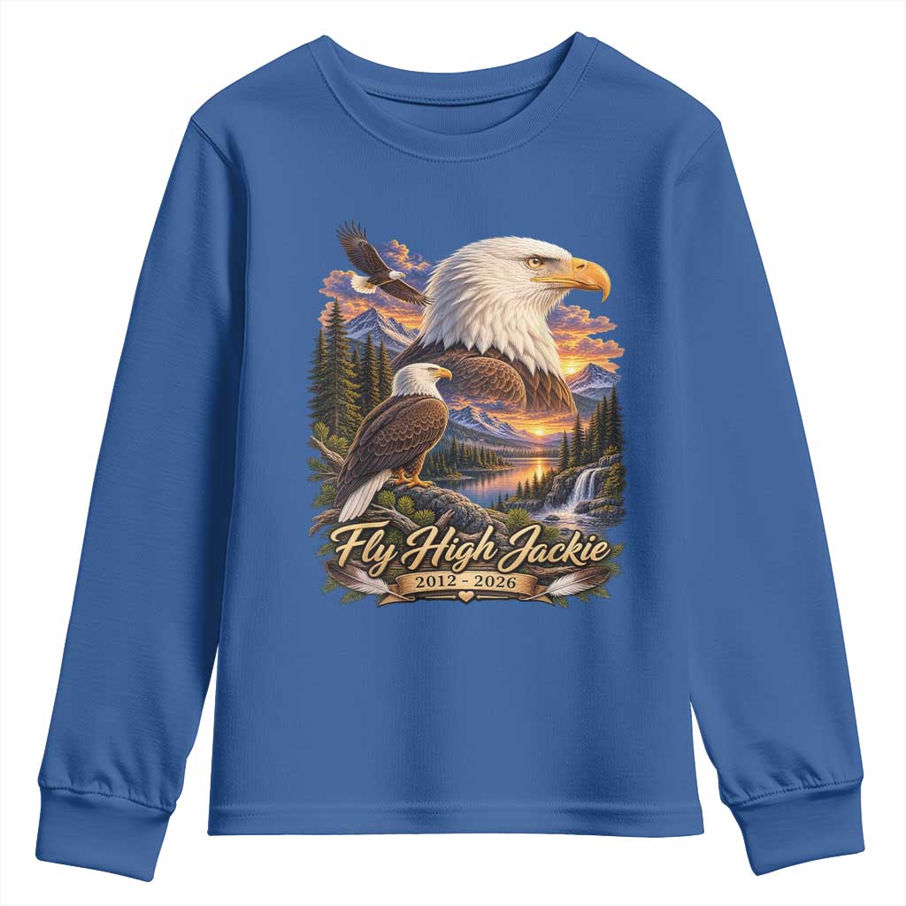 Fly High Jackie Bald Eagle Memorial Youth Sweatshirt Scenic Mountain Sunset Lake Nature Graphic TS02 Royal Blue Print Your Wear