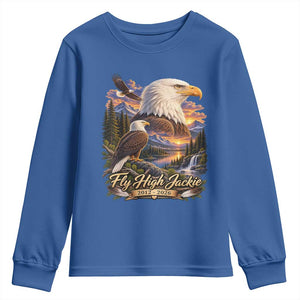 Fly High Jackie Bald Eagle Memorial Youth Sweatshirt Scenic Mountain Sunset Lake Nature Graphic TS02 Royal Blue Print Your Wear