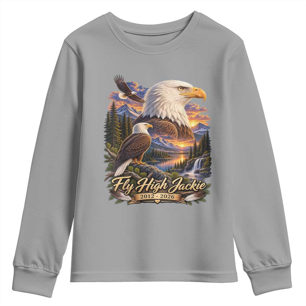 Fly High Jackie Bald Eagle Memorial Youth Sweatshirt Scenic Mountain Sunset Lake Nature Graphic TS02 Sport Gray Print Your Wear