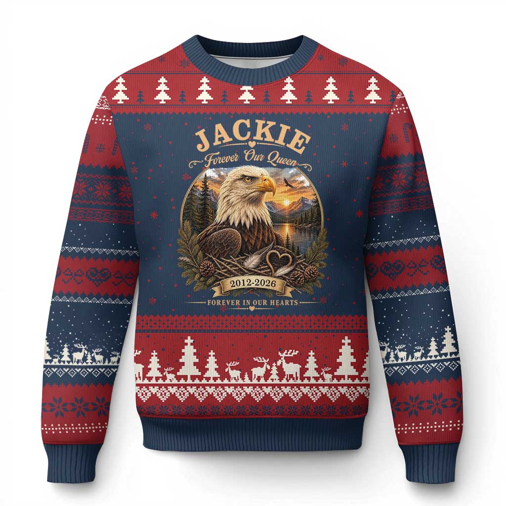 Jackie Forever Our Queen Bald Eagle Memorial Ugly Christmas Sweater Big Bear Lake Crest Tribute Graphic TS02 Navy Red Print Your Wear