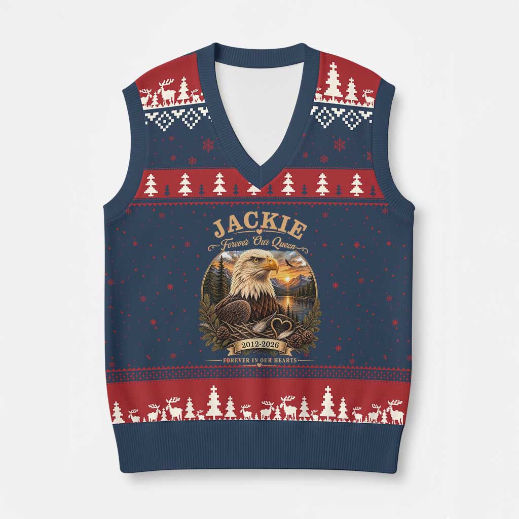 Jackie Forever Our Queen Bald Eagle Memorial V-Neck Knit Sweater Vest Big Bear Lake Crest Tribute Graphic TS02 Navy Red Print Your Wear