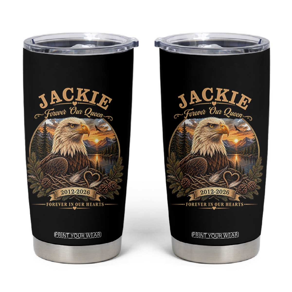 Jackie Forever Our Queen Bald Eagle Memorial Tumbler Cup Big Bear Lake Crest Tribute Graphic TS02 Black Print Your Wear