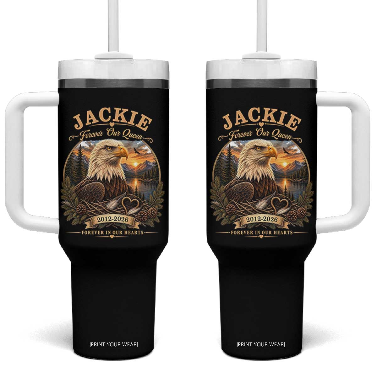 Jackie Forever Our Queen Bald Eagle Memorial Tumbler With Handle Big Bear Lake Crest Tribute Graphic TS02 One Size: 40 oz Black Print Your Wear