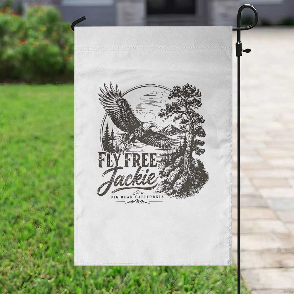 Fly Free Jackie Vintage Etching Soaring Eagle Garden Flag Big Bear Lake Wilderness Graphic