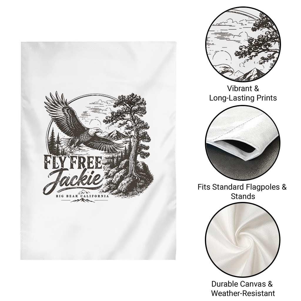 Fly Free Jackie Vintage Etching Soaring Eagle Garden Flag Big Bear Lake Wilderness Graphic