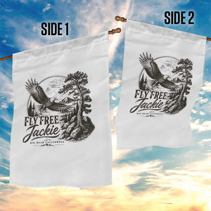 Fly Free Jackie Vintage Etching Soaring Eagle Garden Flag Big Bear Lake Wilderness Graphic
