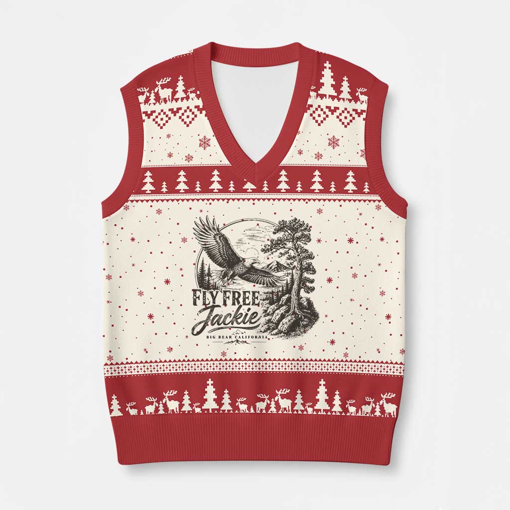 Fly Free Jackie Vintage Etching Soaring Eagle V-Neck Knit Sweater Vest Big Bear Lake Wilderness Graphic TS02 Beige Red Print Your Wear