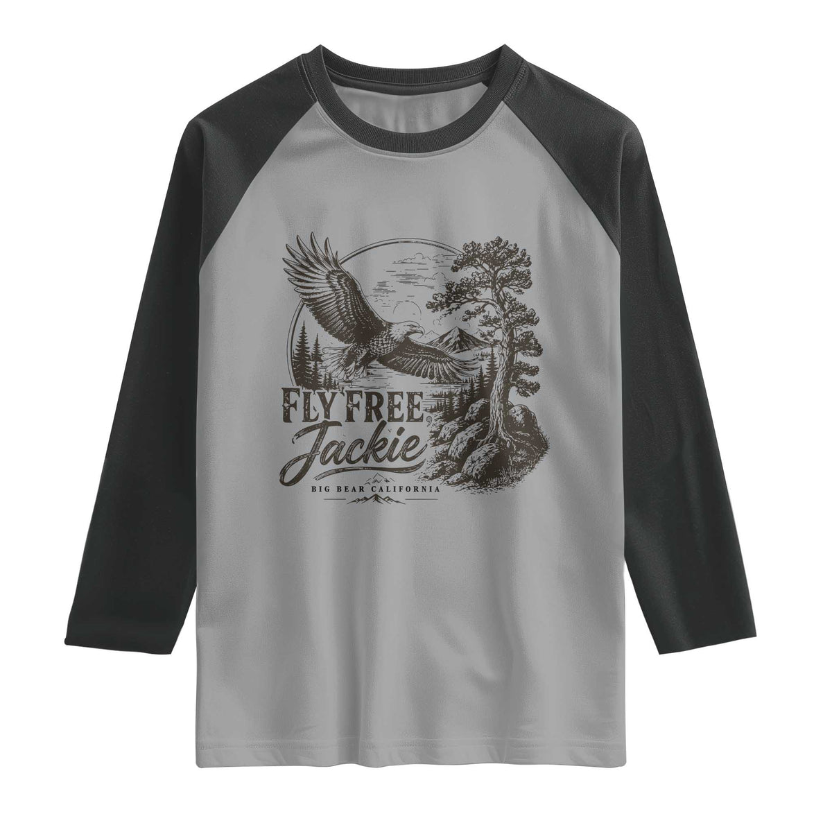 Fly Free Jackie Vintage Etching Soaring Eagle Raglan Shirt Big Bear Lake Wilderness Graphic TS02 Sport Gray Black Print Your Wear