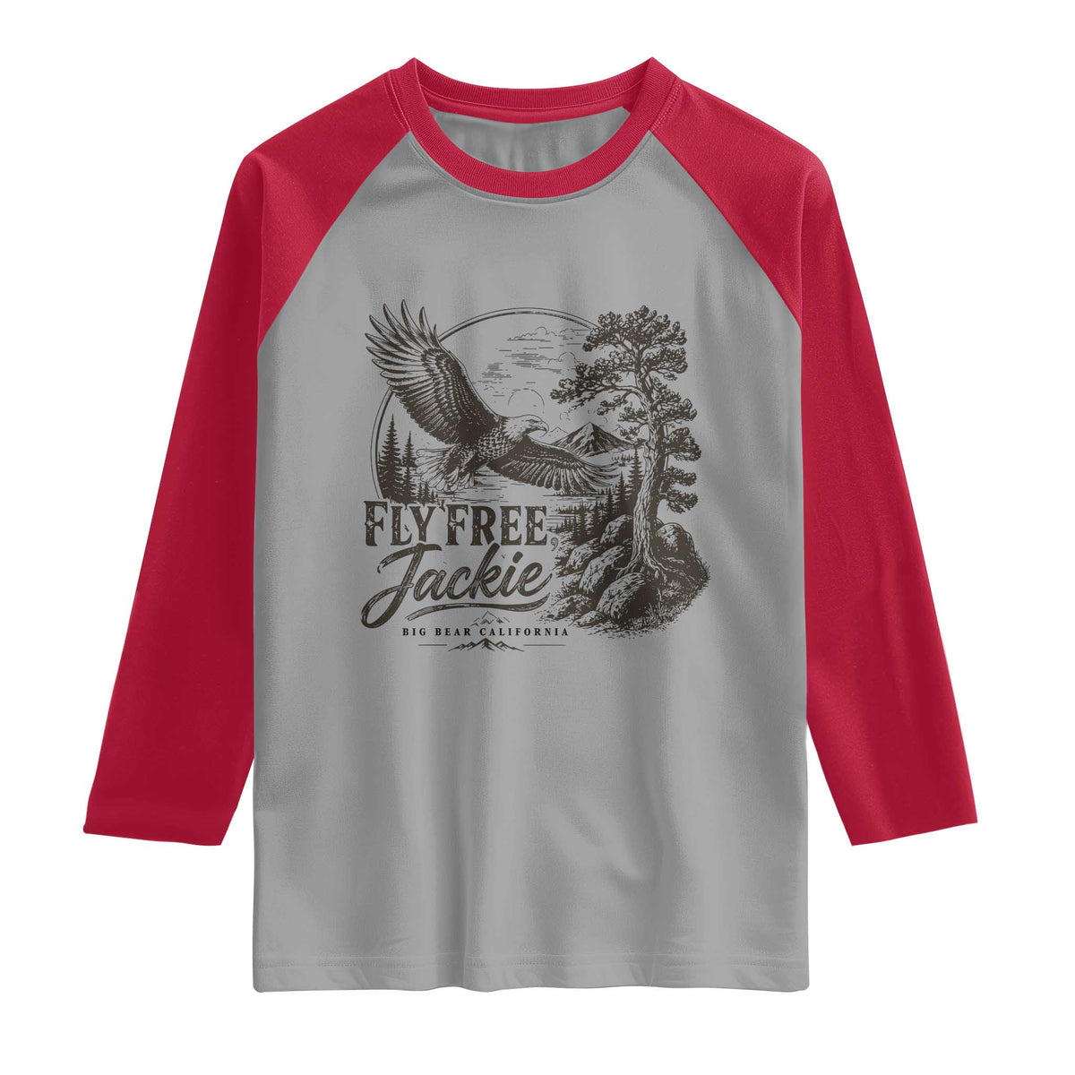 Fly Free Jackie Vintage Etching Soaring Eagle Raglan Shirt Big Bear Lake Wilderness Graphic TS02 Sport Gray Red Print Your Wear