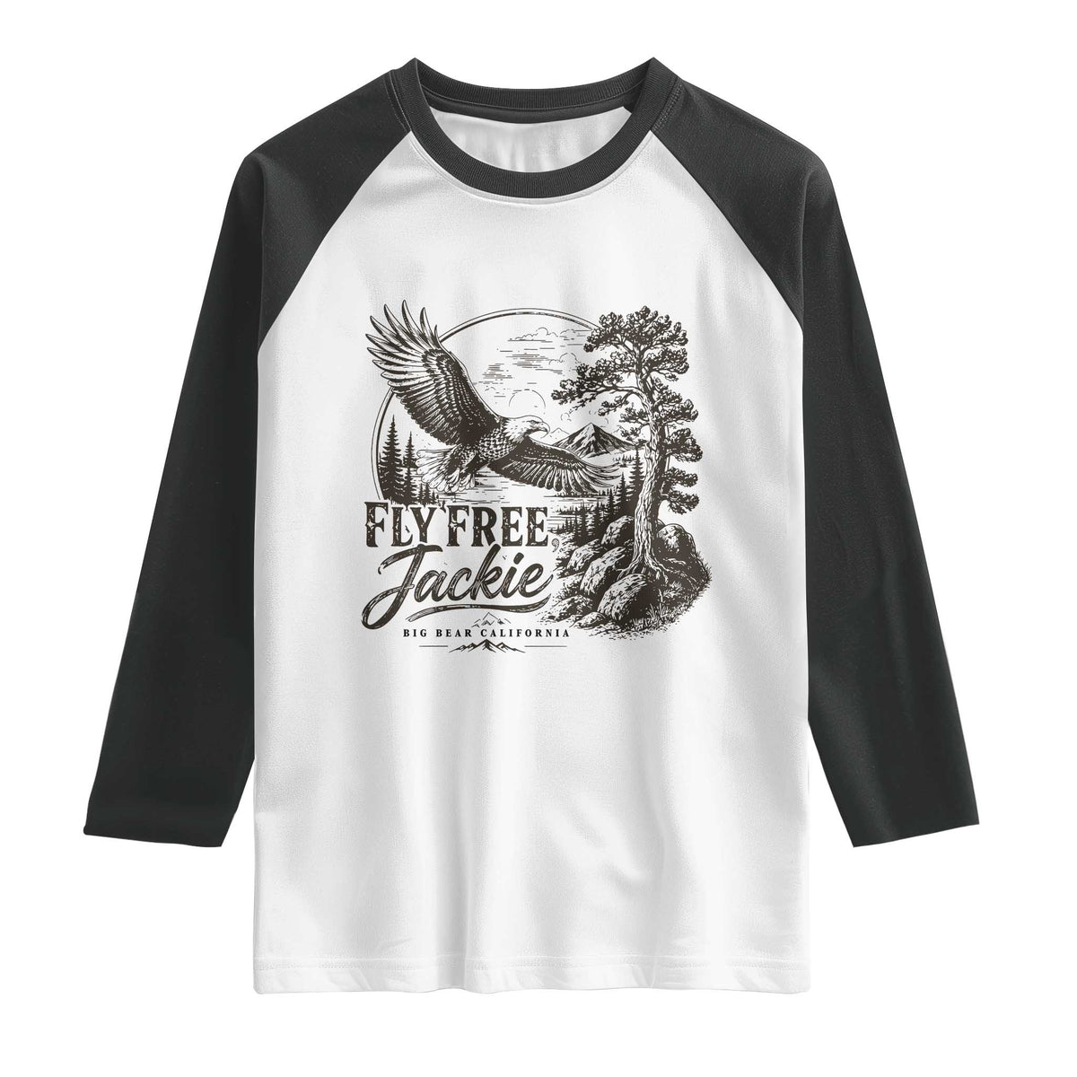 Fly Free Jackie Vintage Etching Soaring Eagle Raglan Shirt Big Bear Lake Wilderness Graphic TS02 White Black Print Your Wear
