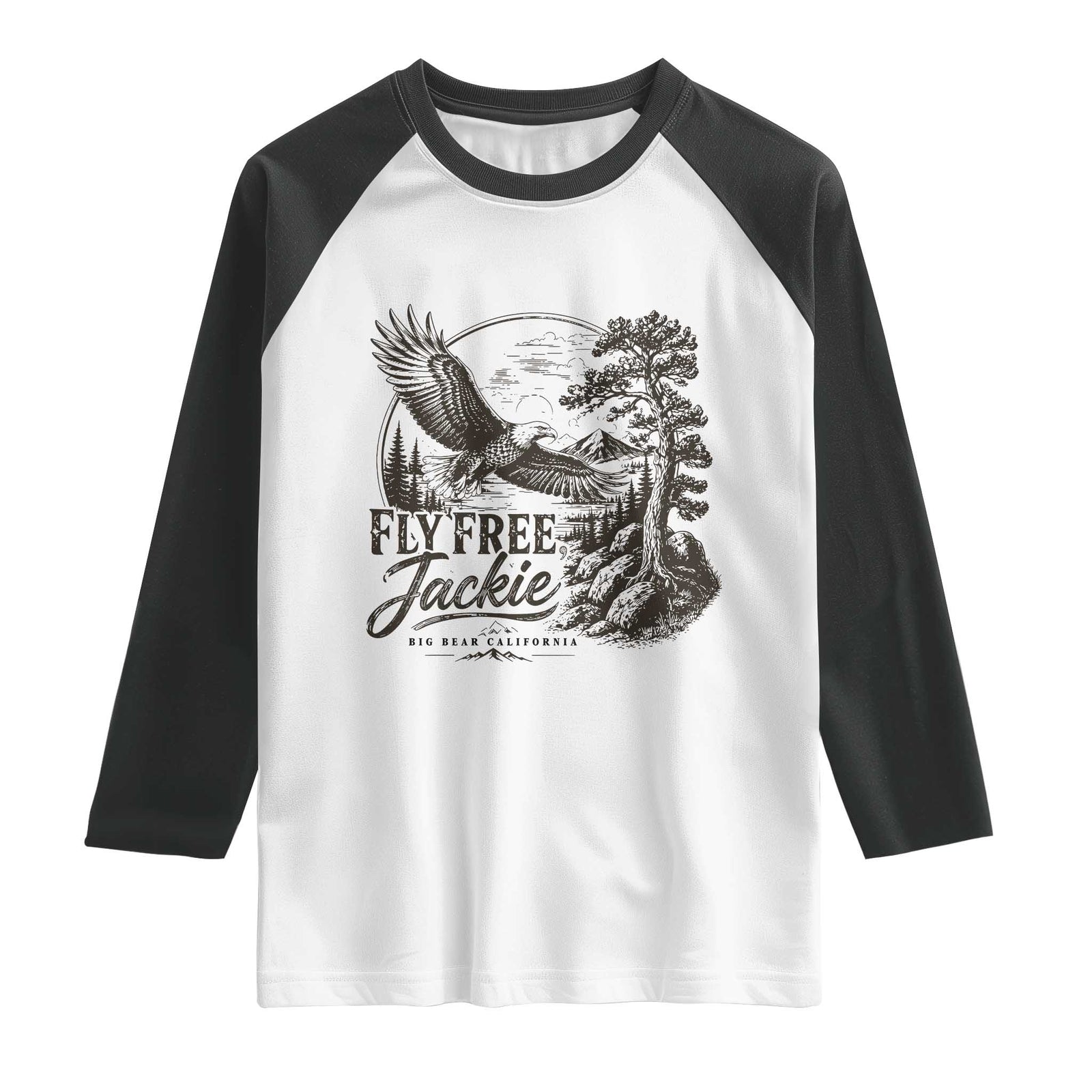 Fly Free Jackie Vintage Etching Soaring Eagle Raglan Shirt Big Bear Lake Wilderness Graphic TS02 White Black Print Your Wear