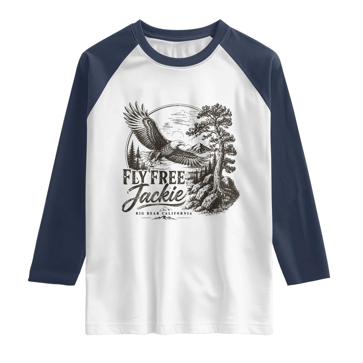 Fly Free Jackie Vintage Etching Soaring Eagle Raglan Shirt Big Bear Lake Wilderness Graphic TS02 White Navy Print Your Wear