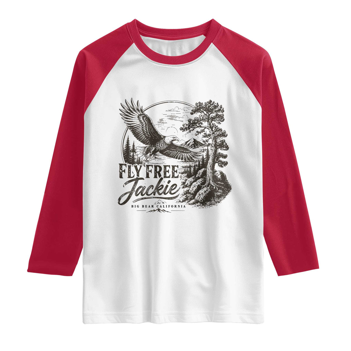 Fly Free Jackie Vintage Etching Soaring Eagle Raglan Shirt Big Bear Lake Wilderness Graphic TS02 White Red Print Your Wear