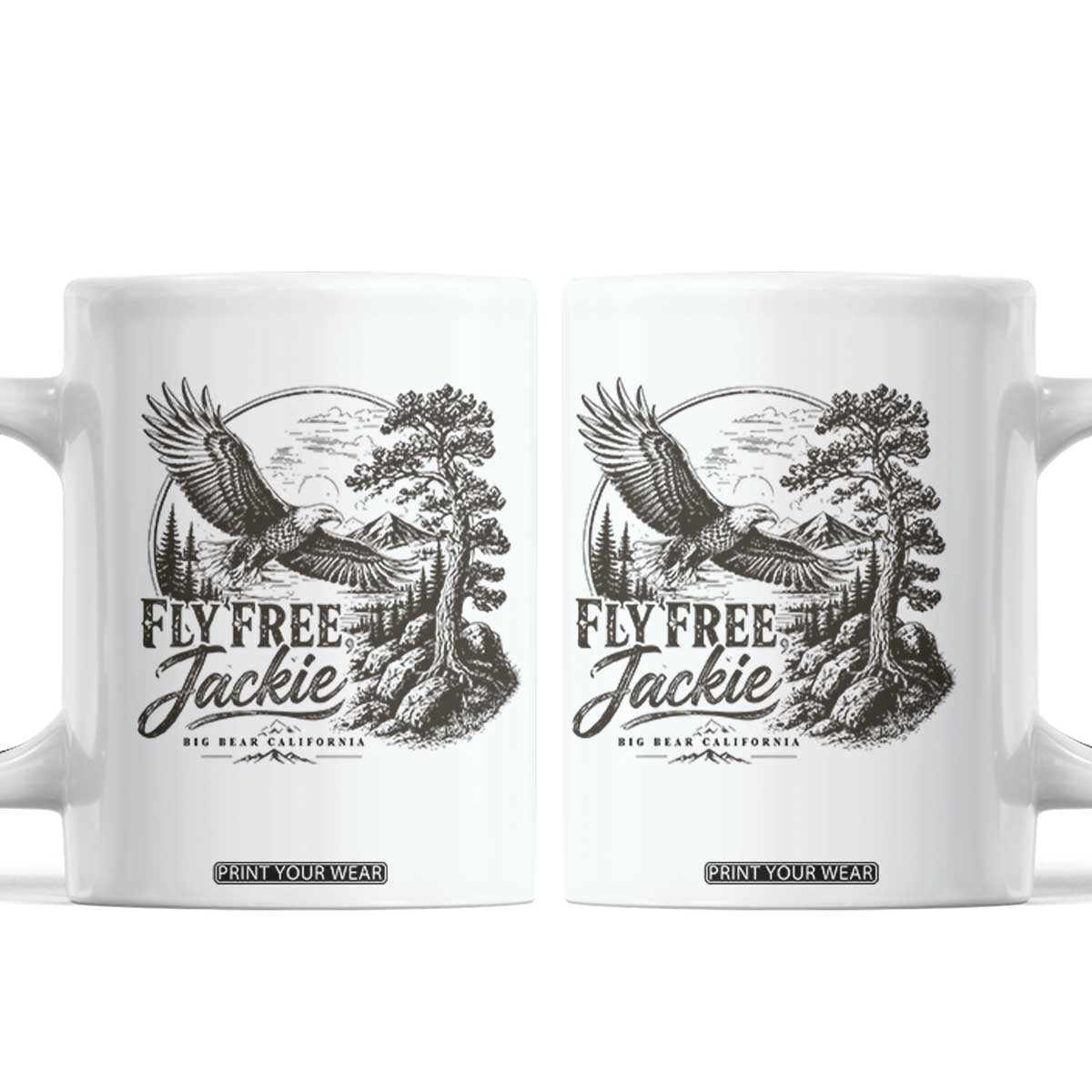 Fly Free Jackie Vintage Etching Soaring Eagle Coffee Mug Big Bear Lake Wilderness Graphic TS02 White Print Your Wear