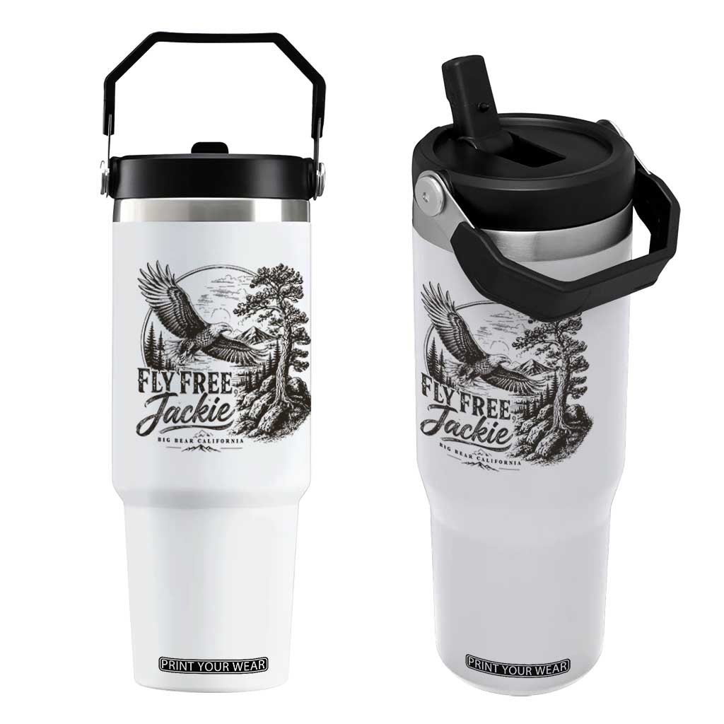 Fly Free Jackie Vintage Etching Soaring Eagle Flip Straw Tumbler Big Bear Lake Wilderness Graphic