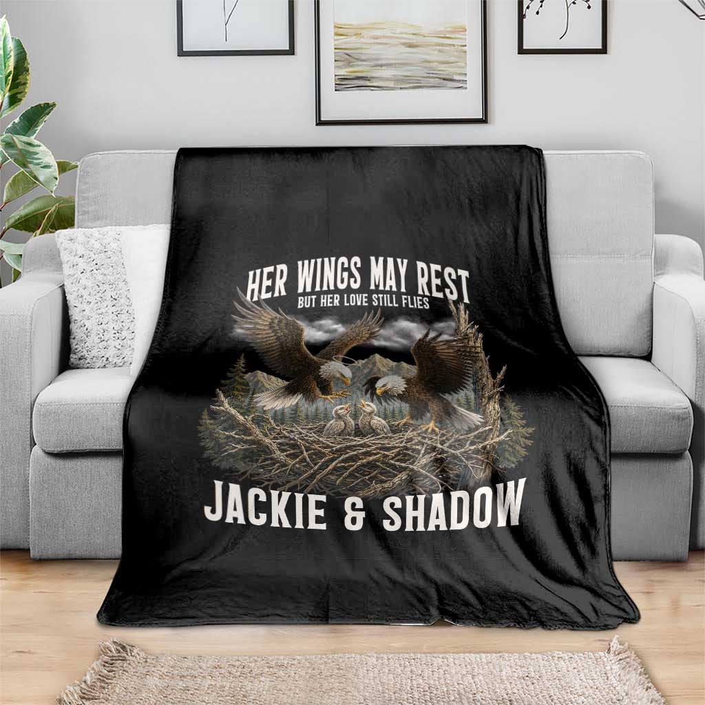 Her Wings May Rest Jackie and Shadow Throw Blanket Bald Eagle Nest Family Tribute Graphic