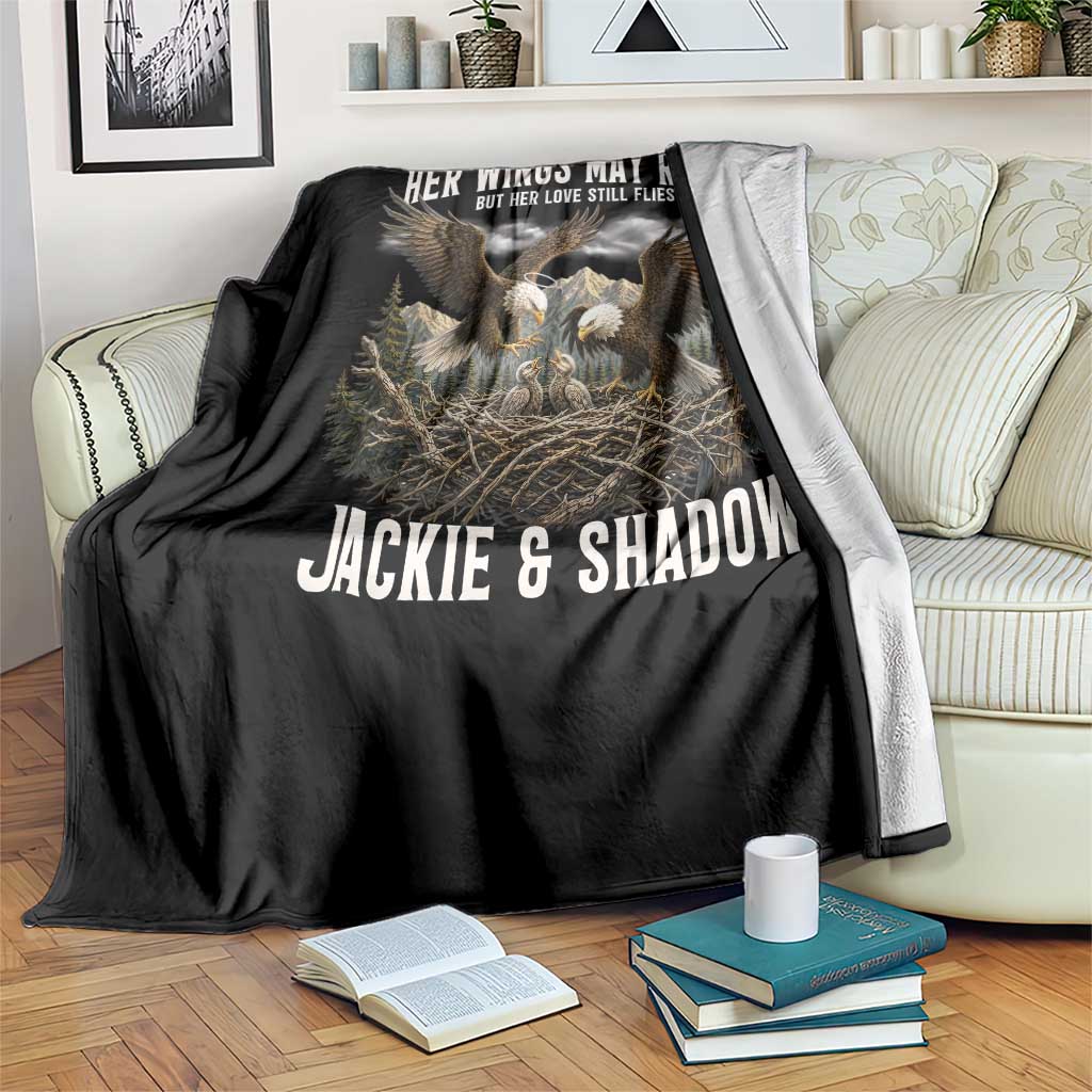 Her Wings May Rest Jackie and Shadow Throw Blanket Bald Eagle Nest Family Tribute Graphic