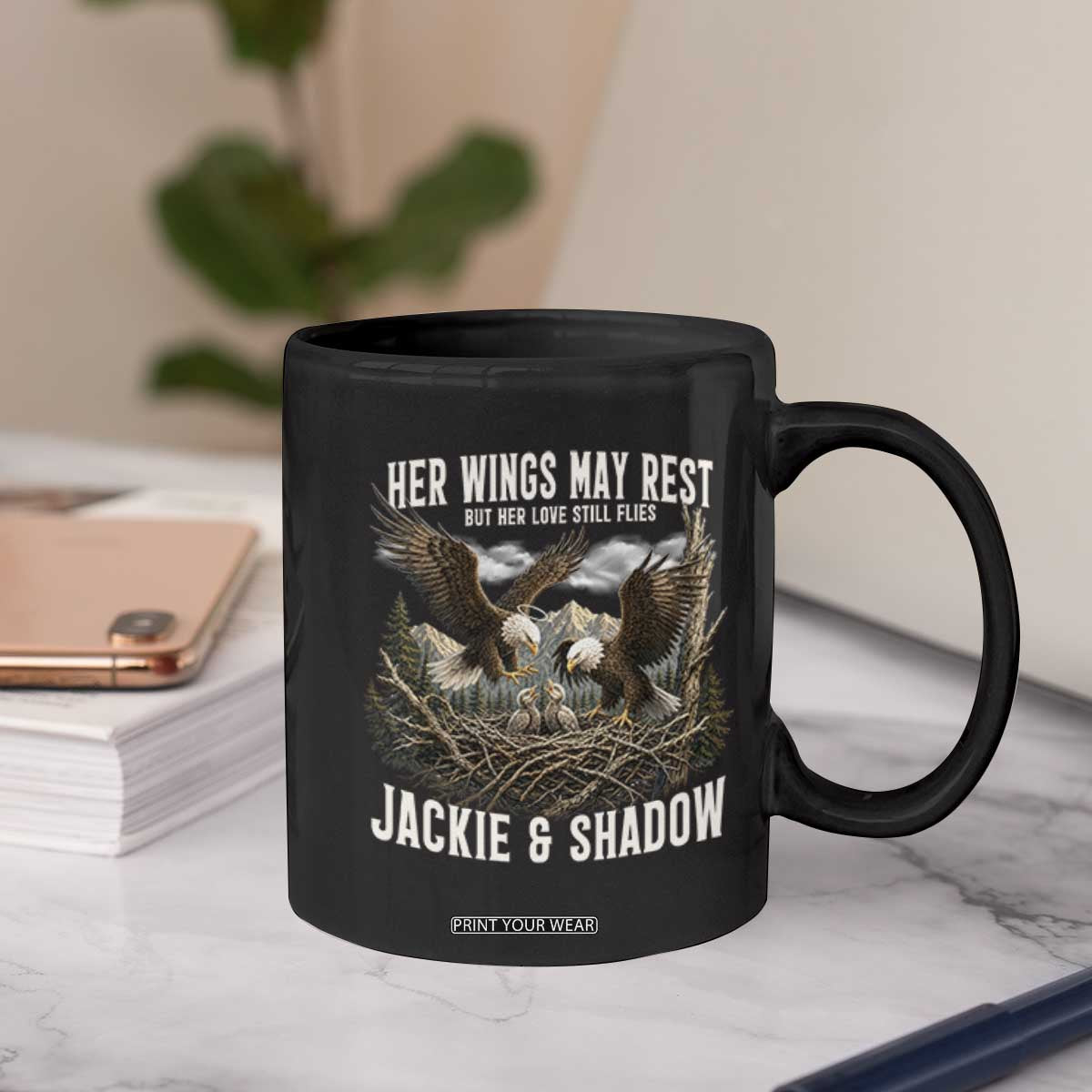 Her Wings May Rest Jackie and Shadow Coffee Mug Bald Eagle Nest Family Tribute Graphic