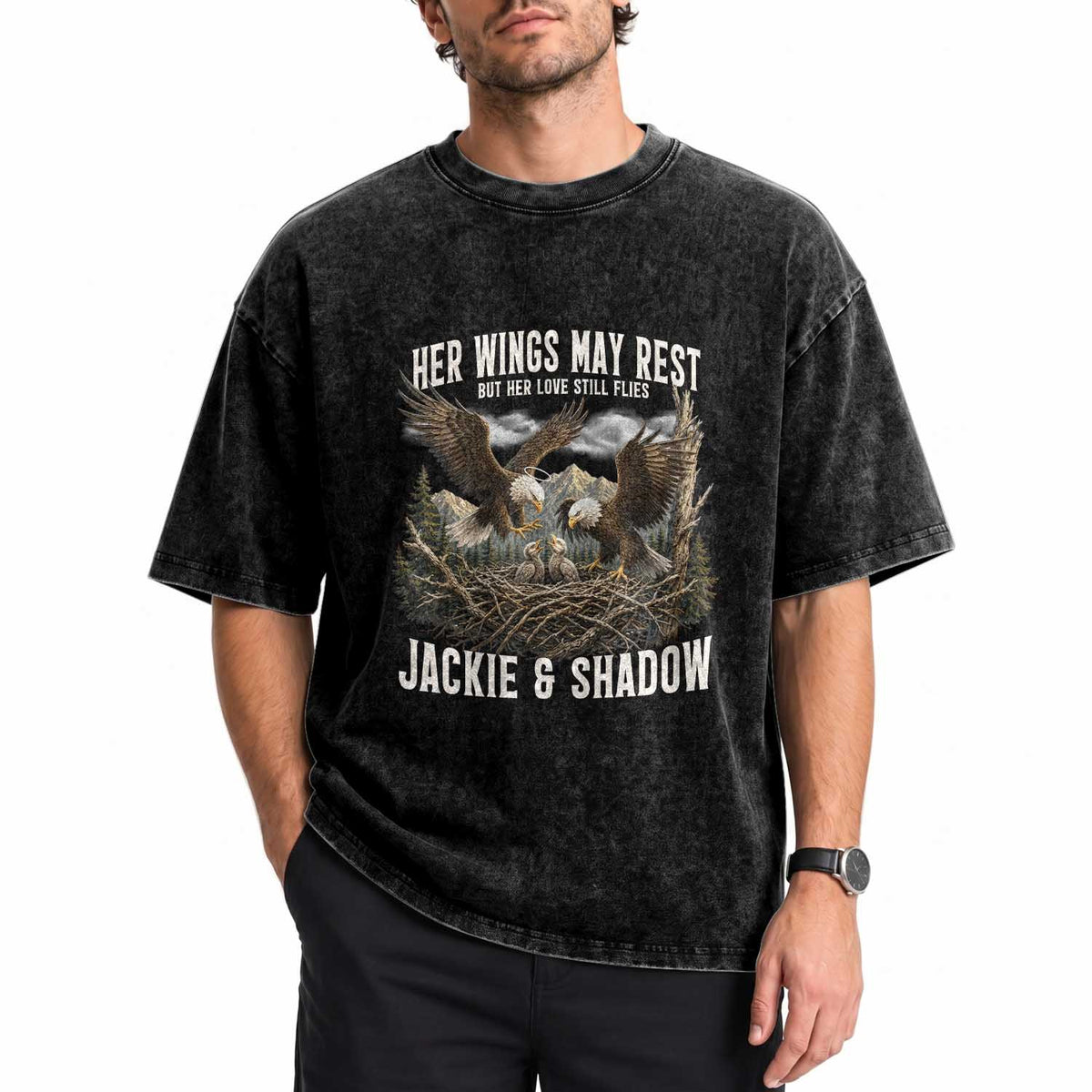 Her Wings May Rest Jackie and Shadow Washed Cotton T-Shirt Bald Eagle Nest Family Tribute Graphic