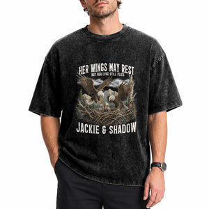 Her Wings May Rest Jackie and Shadow Washed Cotton T-Shirt Bald Eagle Nest Family Tribute Graphic