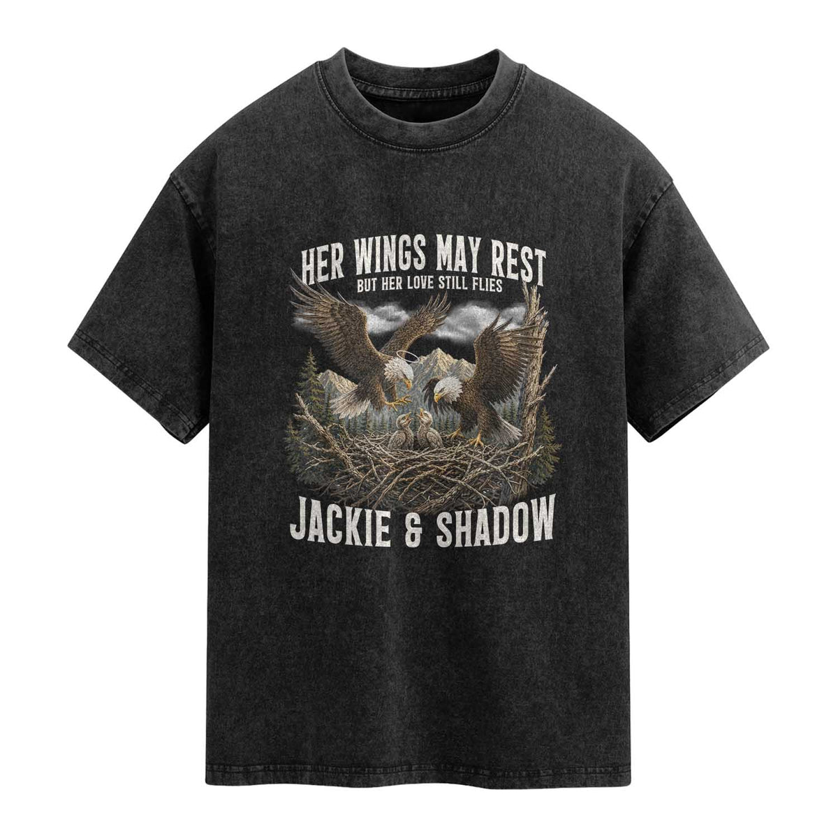 Her Wings May Rest Jackie and Shadow Washed Cotton T-Shirt Bald Eagle Nest Family Tribute Graphic
