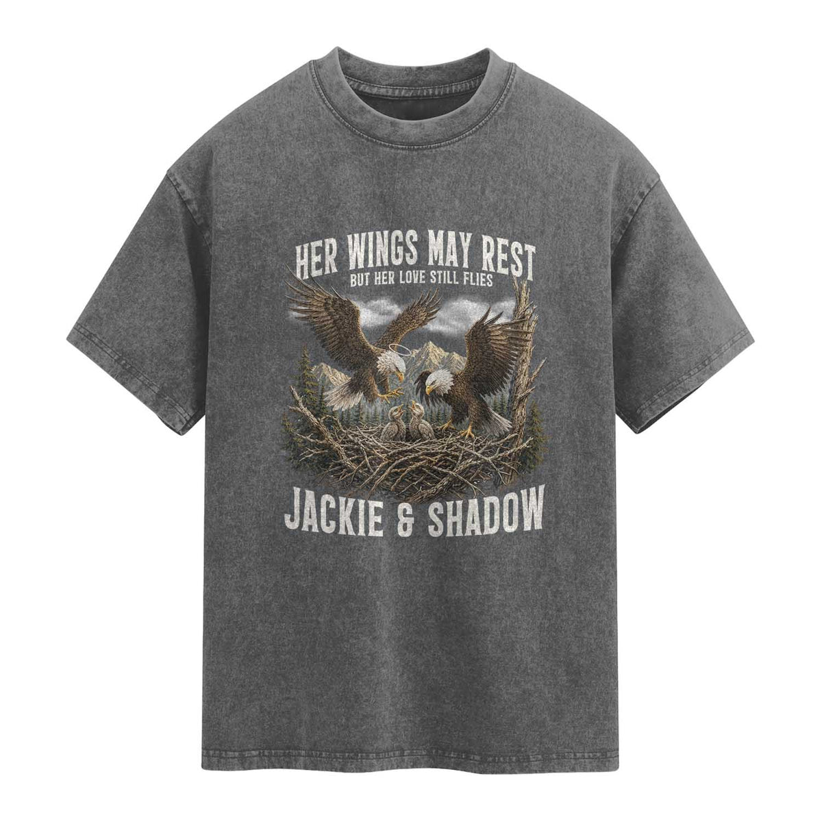 Her Wings May Rest Jackie and Shadow Washed Cotton T-Shirt Bald Eagle Nest Family Tribute Graphic