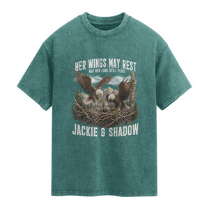 Her Wings May Rest Jackie and Shadow Washed Cotton T-Shirt Bald Eagle Nest Family Tribute Graphic