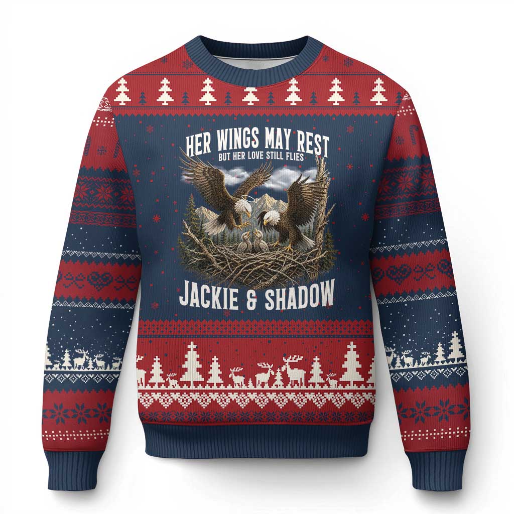 Her Wings May Rest Jackie and Shadow Ugly Christmas Sweater Bald Eagle Nest Family Tribute Graphic TS02 Navy Red Print Your Wear