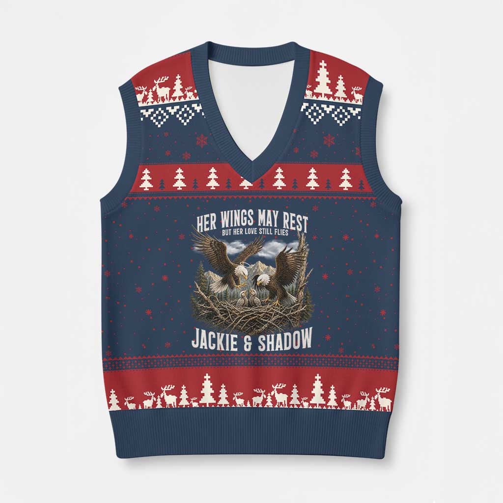 Her Wings May Rest Jackie and Shadow V-Neck Knit Sweater Vest Bald Eagle Nest Family Tribute Graphic TS02 Navy Red Print Your Wear