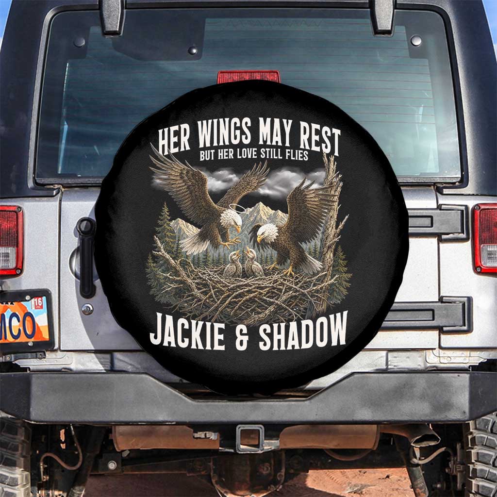 Her Wings May Rest Jackie and Shadow Spare Tire Cover Bald Eagle Nest Family Tribute Graphic TS02 No hole Black Print Your Wear