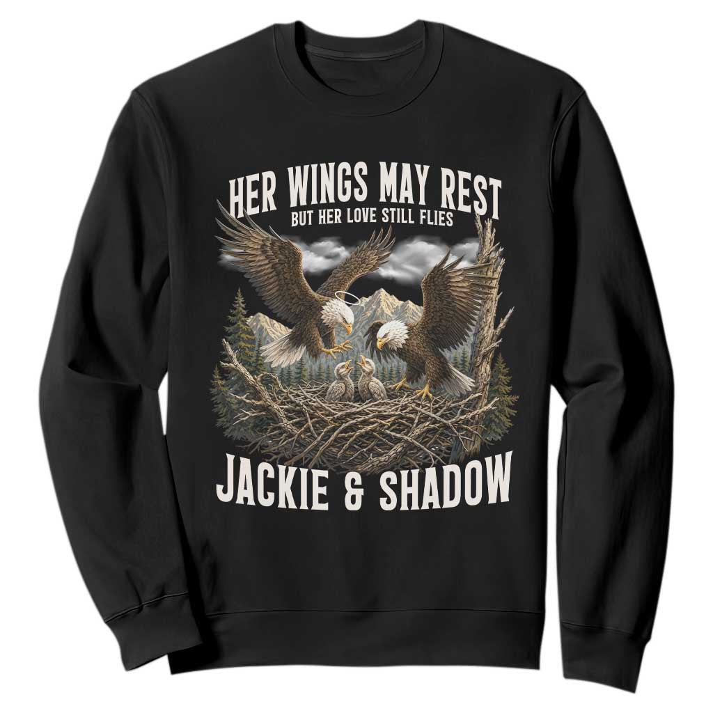 Her Wings May Rest Jackie and Shadow Sweatshirt Bald Eagle Nest Family Tribute Graphic TS02 Black Print Your Wear