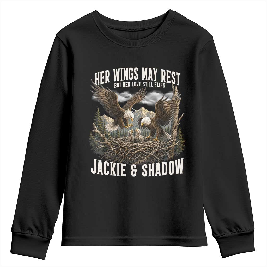 Her Wings May Rest Jackie and Shadow Youth Sweatshirt Bald Eagle Nest Family Tribute Graphic TS02 Black Print Your Wear