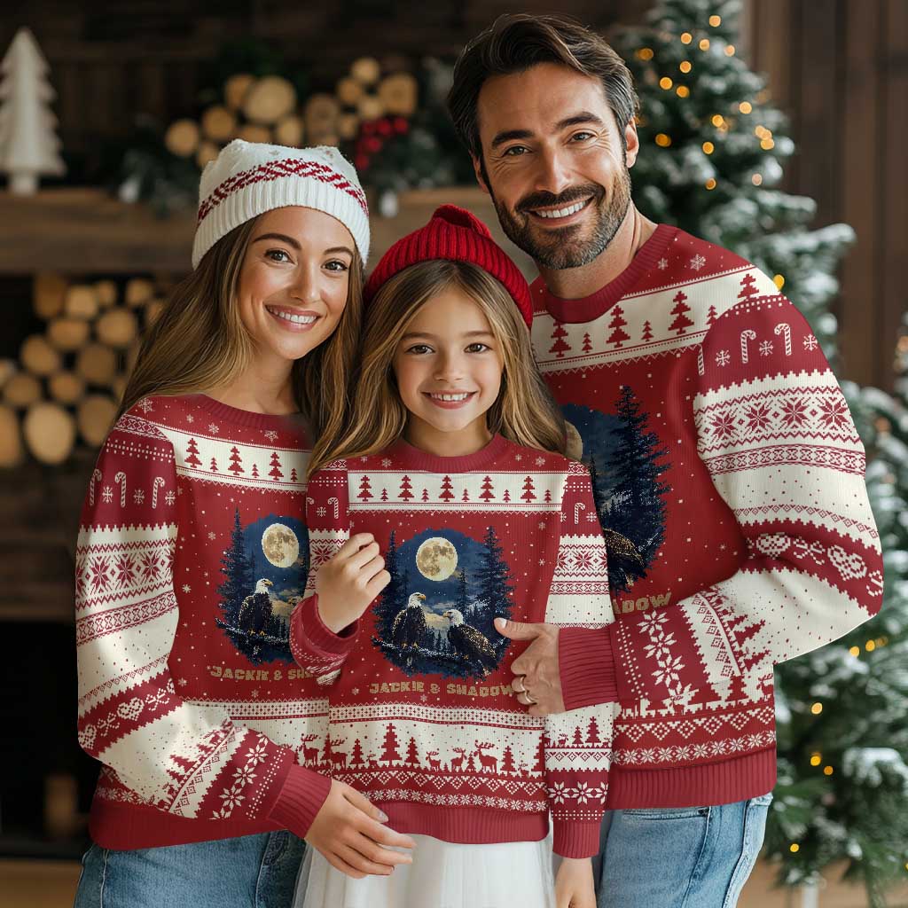 Jackie and Shadow Bald Eagle Couple Ugly Christmas Sweater Full Moon Forest Vintage Nature Graphic TS02 Red Beige Print Your Wear
