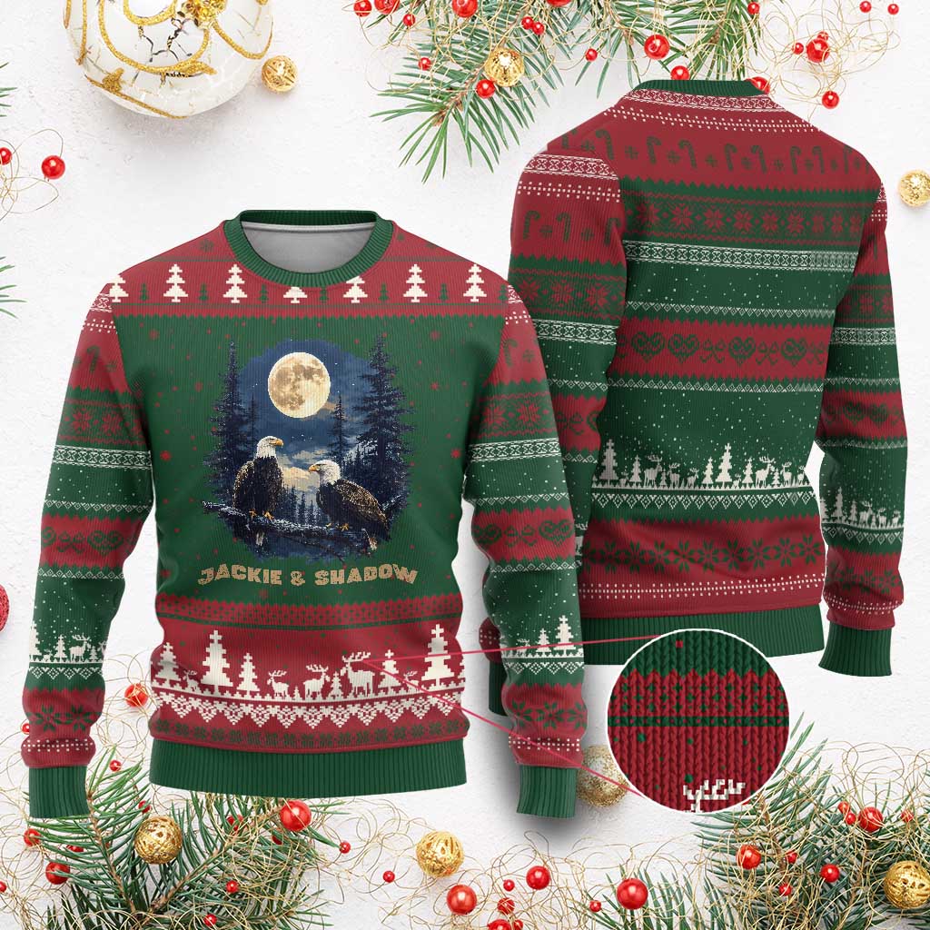 Jackie and Shadow Bald Eagle Couple Ugly Christmas Sweater Full Moon Forest Vintage Nature Graphic TS02 Red Green Print Your Wear