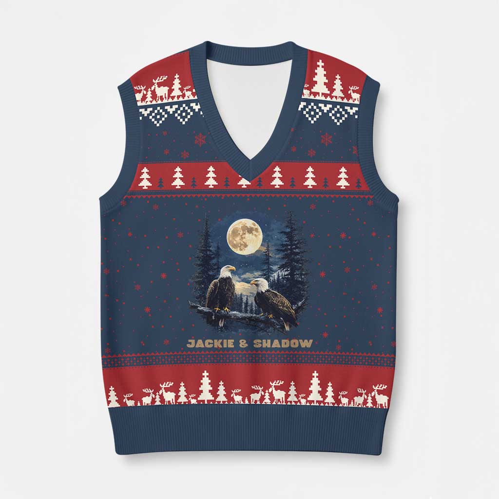 Jackie and Shadow Bald Eagle Couple V-Neck Knit Sweater Vest Full Moon Forest Vintage Nature Graphic TS02 Navy Red Print Your Wear