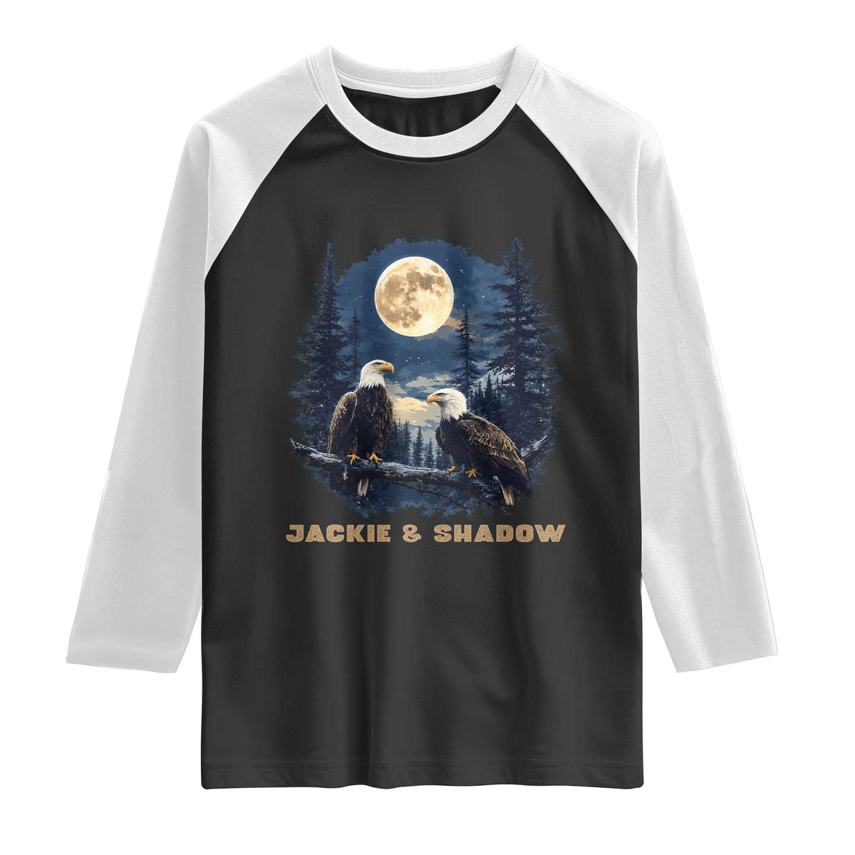 Jackie and Shadow Bald Eagle Couple Raglan Shirt Full Moon Forest Vintage Nature Graphic TS02 Black White Print Your Wear