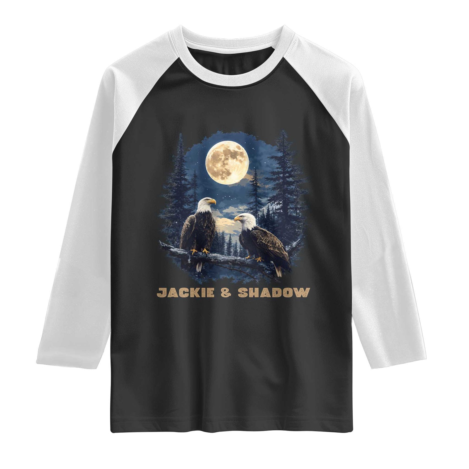 Jackie and Shadow Bald Eagle Couple Raglan Shirt Full Moon Forest Vintage Nature Graphic TS02 Black White Print Your Wear