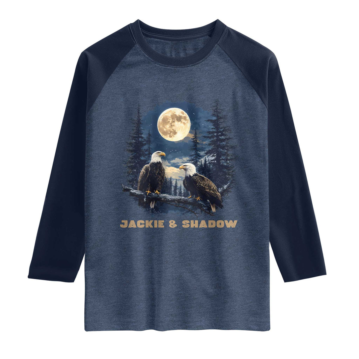 Jackie and Shadow Bald Eagle Couple Raglan Shirt Full Moon Forest Vintage Nature Graphic TS02 Heather Denim Navy Print Your Wear
