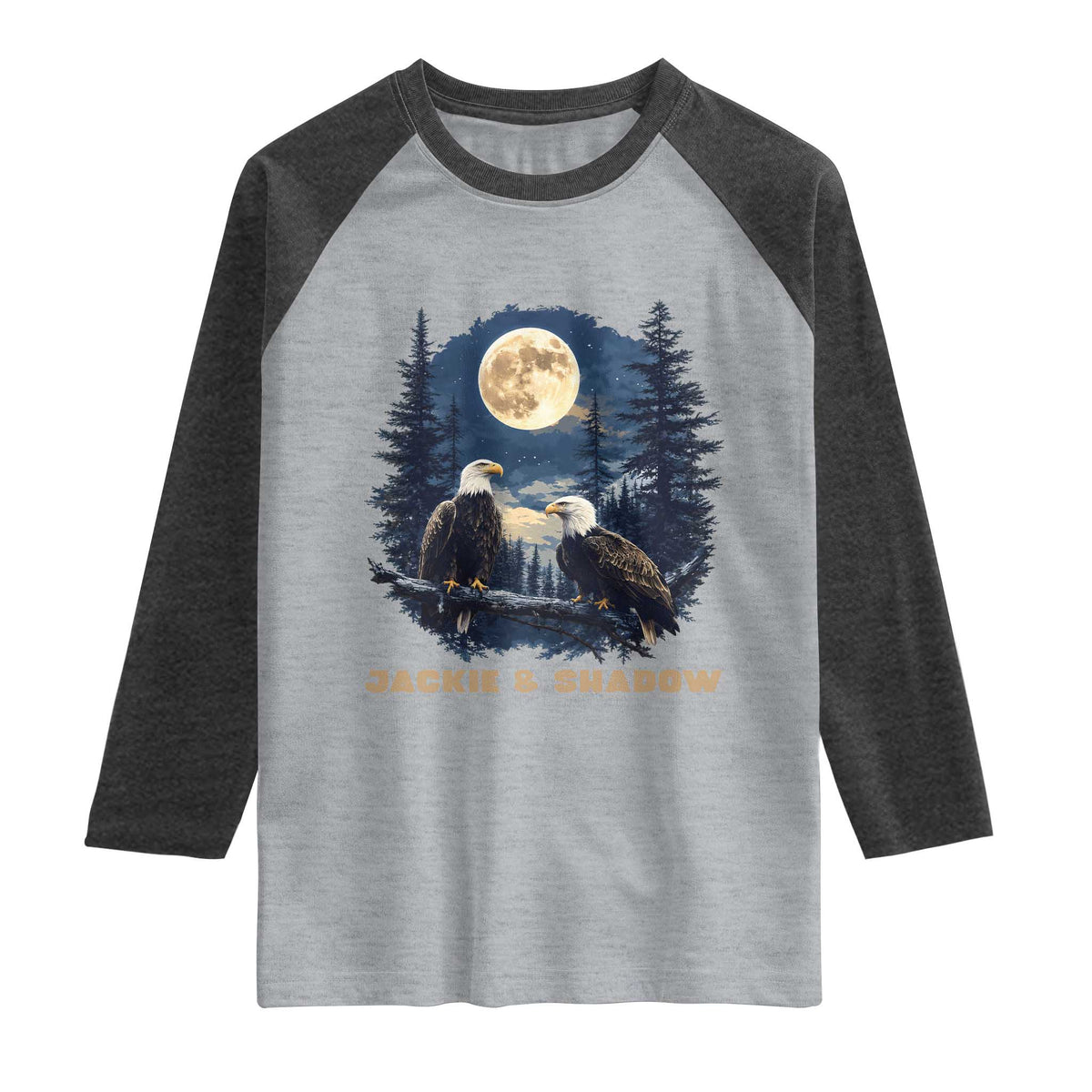 Jackie and Shadow Bald Eagle Couple Raglan Shirt Full Moon Forest Vintage Nature Graphic TS02 Heather Gray Heather Charcoal Print Your Wear