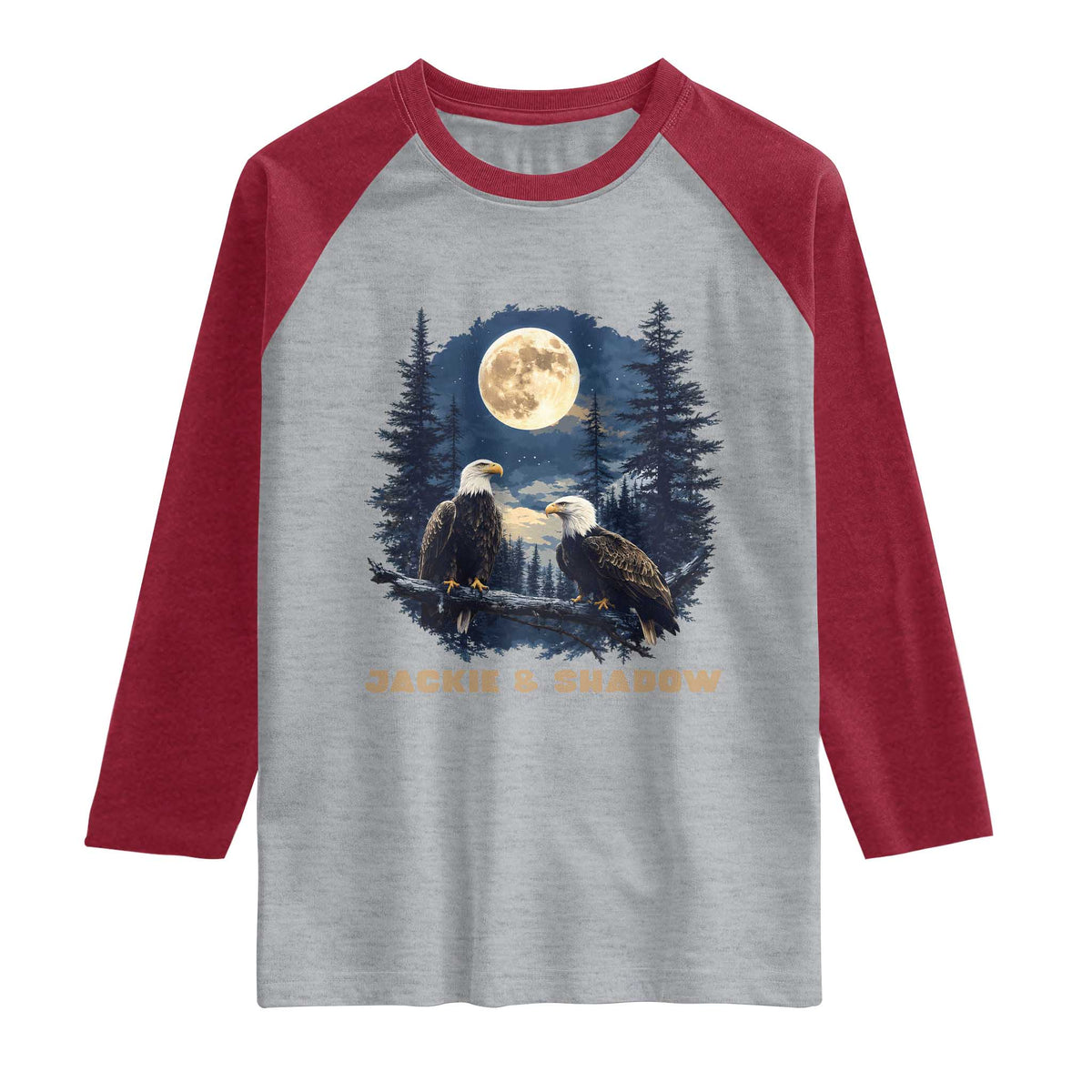 Jackie and Shadow Bald Eagle Couple Raglan Shirt Full Moon Forest Vintage Nature Graphic TS02 Heather Gray Heather Red Print Your Wear