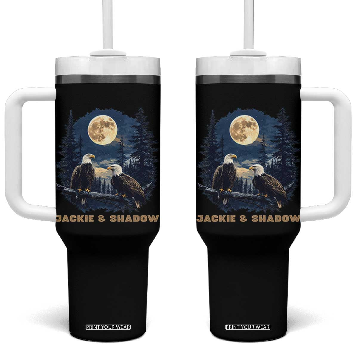 Jackie and Shadow Bald Eagle Couple Tumbler With Handle Full Moon Forest Vintage Nature Graphic TS02 One Size: 40 oz Black Print Your Wear