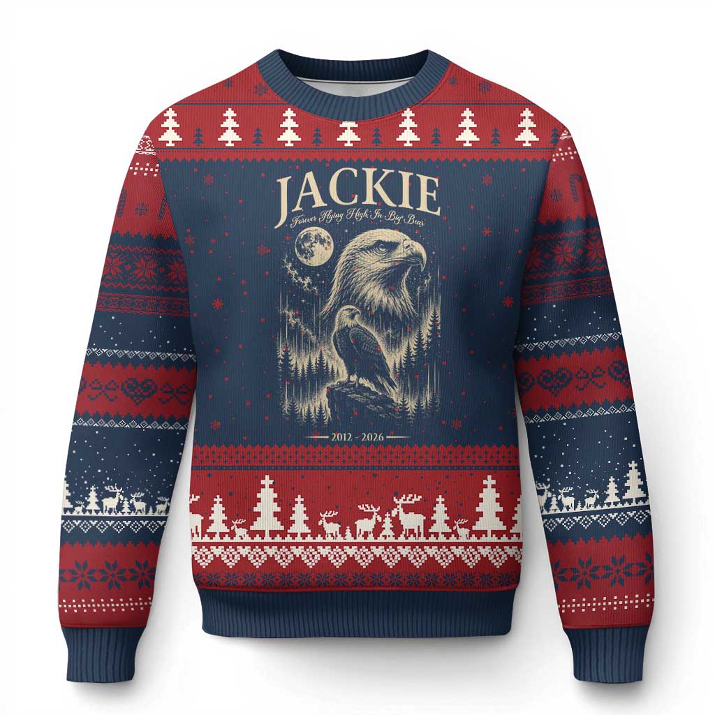 Jackie Forever Flying High in Big Bear Memorial Vintage Ugly Christmas Sweater Bald Eagle Queen 2012 2026 Moon Forest Nature Graphic TS02 Navy Red Print Your Wear